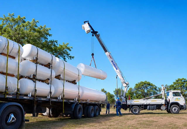 Descarga de tanques de gas a granel con grúa