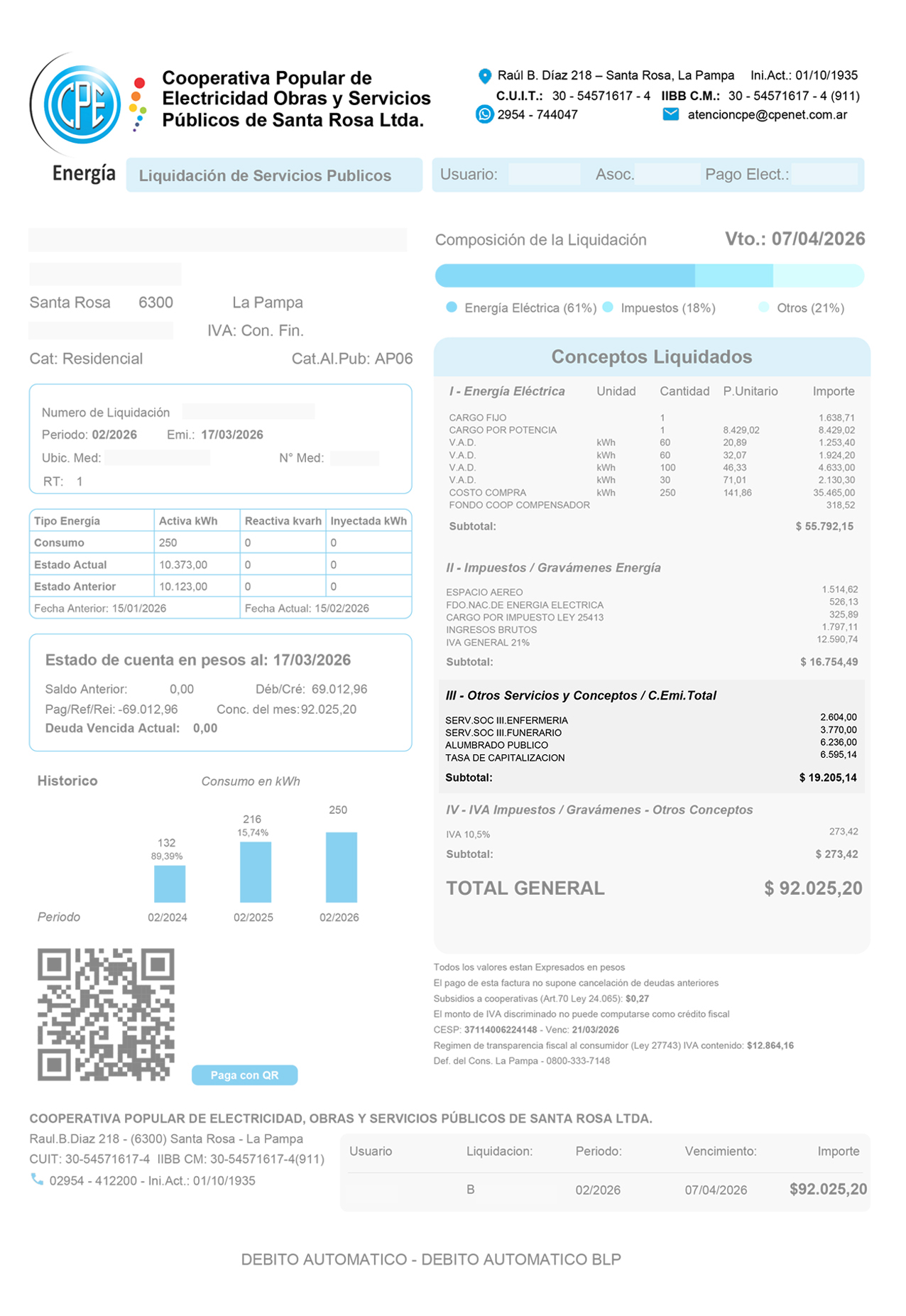 Factura de Energía con los ítems de Servicios Sociales destacados