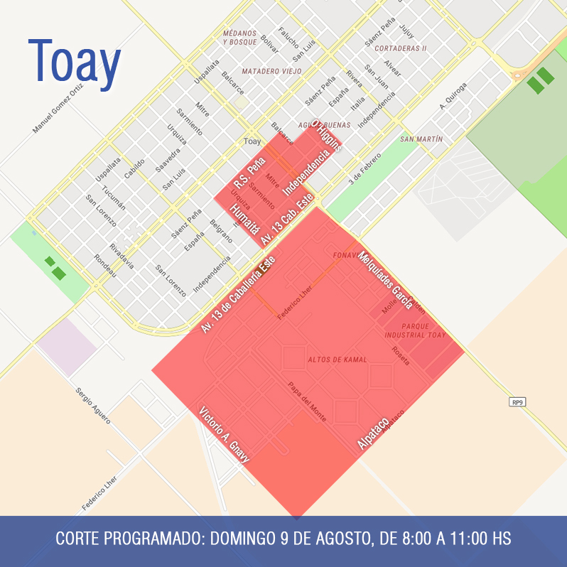 Este domingo en dos amplios sectores de Toay - Imagen 1